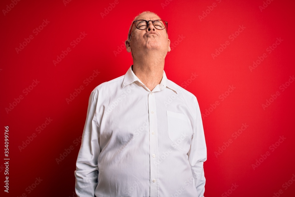 Middle age handsome hoary man wearing casual shirt and glasses over red background looking at the camera blowing a kiss on air being lovely and sexy. Love expression. Middle age handsome hoary man wearing casual shirt and glasses over red background looking at the camera blowing a kiss on air being lovely and sexy. Love expression.