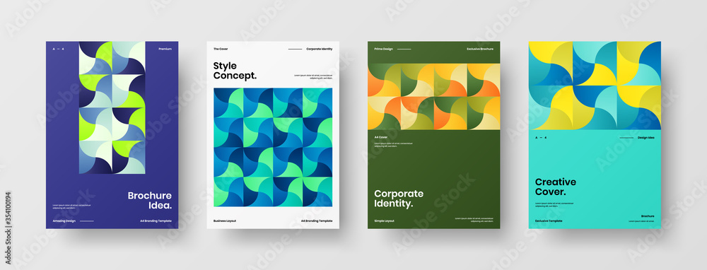 Company identity brochure template collection. Business presentation vector A4 vertical orientation front page mock up set. Corporate report cover abstract geometric illustration design layout bundle.