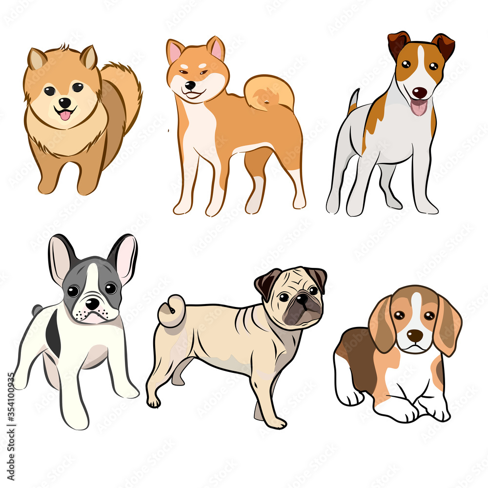 Funny cartoon dogs characters different breeds vector illustration