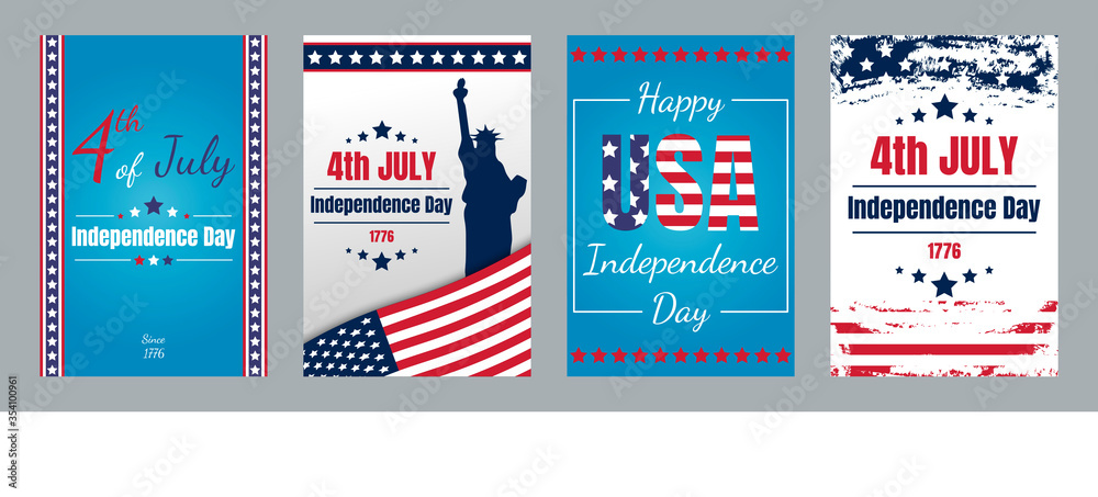 USA Independence day cards. Set of Independence Day cards. 4th of July greeting cards. United States of America day. Independence Day. Vector illustration.