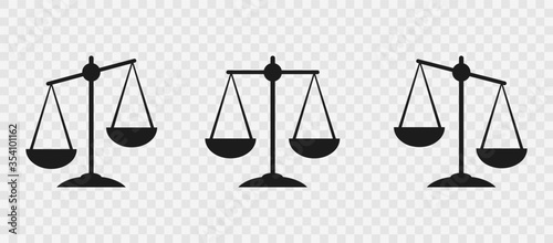 Justice scale icon set. Court symbol on white transparent . Vector illustration EPS10.