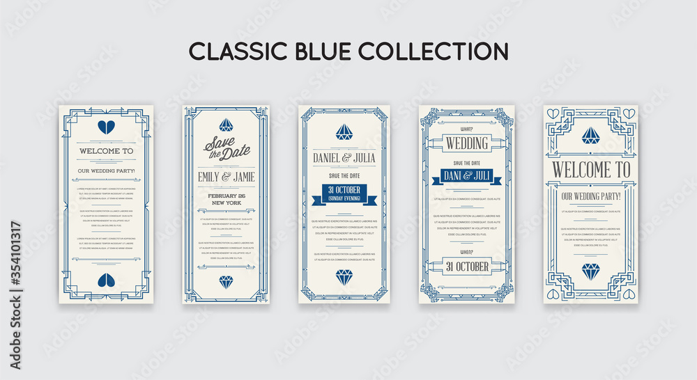 Set of Great Gatsby Style Invitation in Art Deco or Nouveau Epoch 1920's Gangster Era Collection. Trendy Classic Blue Color.