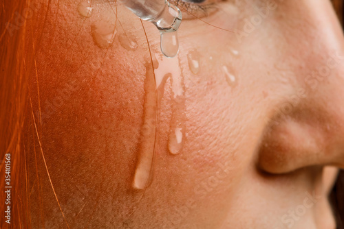 close beauty portrait of a red-haired girl who cleanses the skin with an acidic organic peeling. Isolated on a white background.