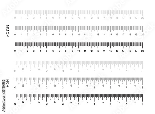 Ruler. Measuring scale, Markup for Rulers. Vector illustration. Centimeters and Millimeters Scale. Inches Scale.