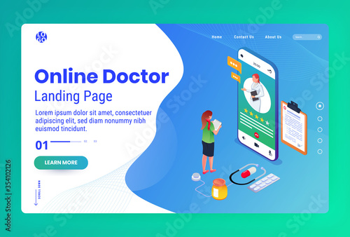 Online medical help isometric webpage template. 3d patient explaining symptoms using ehealth mobile app. remote doctor consulting client. telemedicine smartphone application promotion homepage Premium