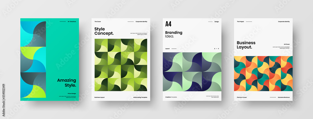 Naklejka premium Company identity brochure template collection. Business presentation vector A4 vertical orientation front page mock up set. Corporate report cover abstract geometric illustration design layout bundle.