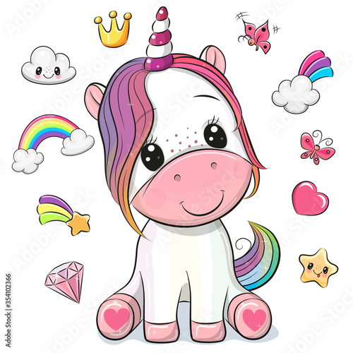 Cartoon Unicorn and set of cute design elements