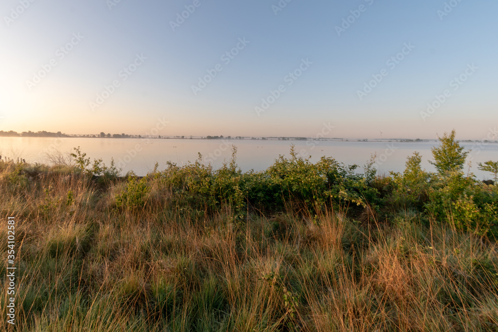 sunrise over the moor in summer with blue sky