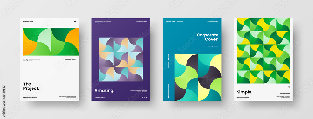 Naklejka premium Company identity brochure template collection. Business presentation vector A4 vertical orientation front page mock up set. Corporate report cover abstract geometric illustration design layout bundle.