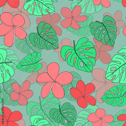 Fototapeta Naklejka Na Ścianę i Meble -  Seamless hand-drawn tropical pattern with exotic monstera leaves, exotic flowers on a colored background. Tropical camouflage print.