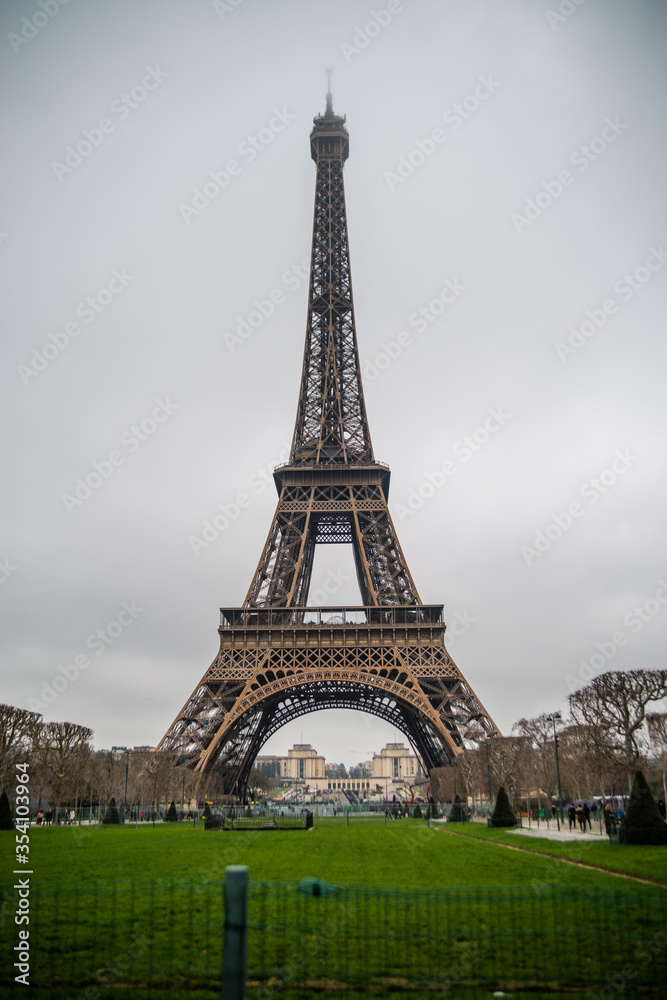 Eiffel Tower on a cloudy winter day.