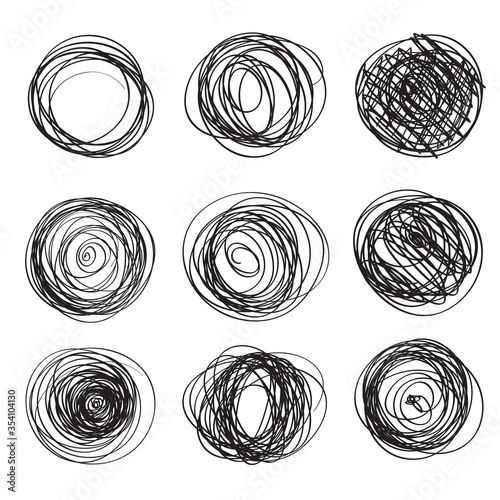 Big set of abstract chaotic round brush strokes sketch