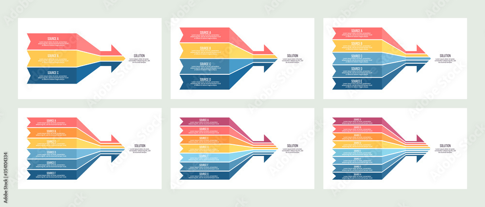 Business infographic. Arrow chart with 3, 4, 5, 6, 7, 8 options. Vector template.