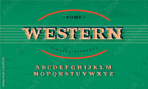 Western style retro alphabet font. Serif type letters, numbers of in rough background. Vintage vector typography for labels, headlines, posters etc.