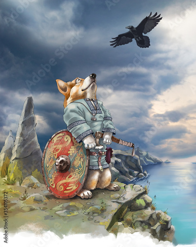 Detailed illustration of corgi the dog on the sea cliff. It wearing a traditional viking clothing and holding a battle axe. The background sky photo has taken from my archive. (ID: 354105372)