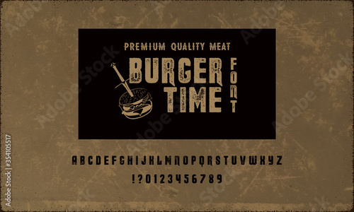 Font Burger. Vintage typeface design. Fashion type. Flare serif. Textured alphabet. Modern display vector letters. Drawn in graphic style. Set of Latin characters, numbers, punctuation.