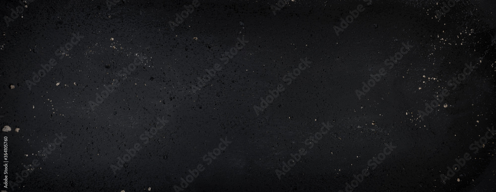 Fototapeta premium Black wall background with stucco pattern. Panoramic dark painted surface texture. Close up detail of raised surface