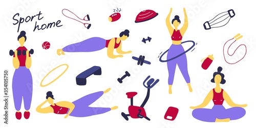 Sport set. Icons of sports equipment and training people. Workout at home, sport exercises at home. Flat vector graphic
