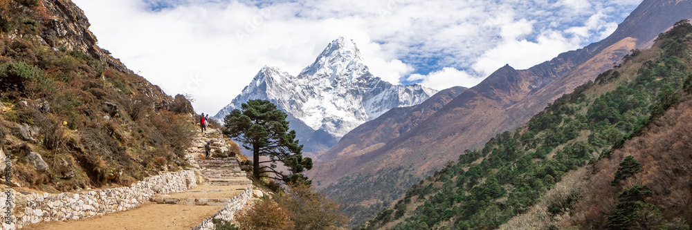 Everest Base Camp trekking in Nepal. Web banner in panoramic view