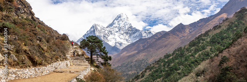 Everest Base Camp trekking in Nepal. Web banner in panoramic view