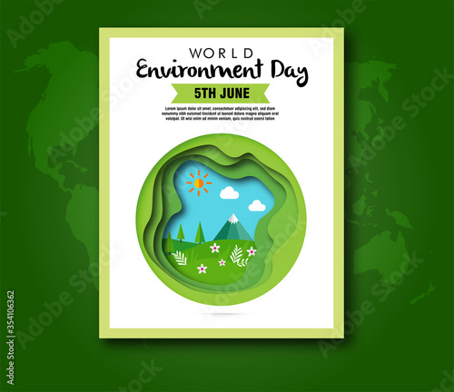 World environment day concept. 3d paper cut eco friendly design. Green earth , Renewable energy for ecology and environment conservation concept paper art design. Vector illustration. 