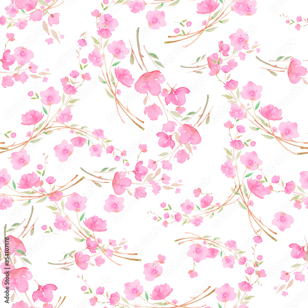 Pink cherry flowers, sakura, seamless watercolor pattern.