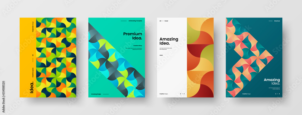 Company identity brochure template collection. Business presentation vector A4 vertical orientation front page mock up set. Corporate report cover abstract geometric illustration design layout bundle.