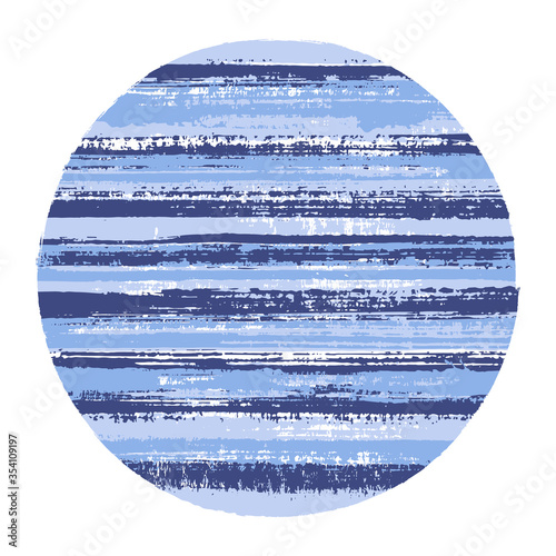 Abrupt circle vector geometric shape with striped texture of ink horizontal lines. Disc banner with old paint texture. Label round shape logotype circle with grunge background of stripes.