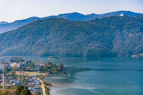 Beautifull landscape view of Pokhara city and Pheva lake, Nepal. Travel in Nepal concept. Stock photo. photo