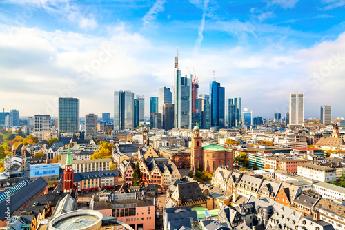 Frankfurt am Main financial business district. Panoramic aerial view cityscape skyline with skyscrapers in Frankfurt, Hessen. Germany