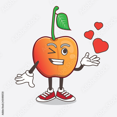 Royal Ann Cherry cartoon mascot character teasing with heart kiss