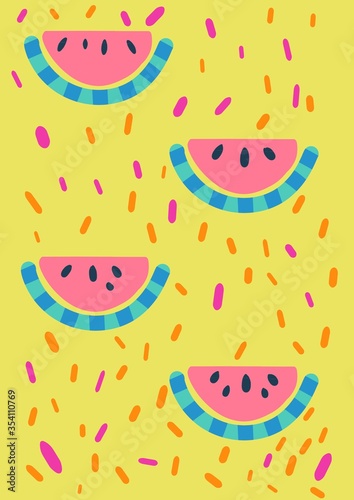 Pink orang purple watermelons pattern. Pattern background with watercolor watermelon slices.