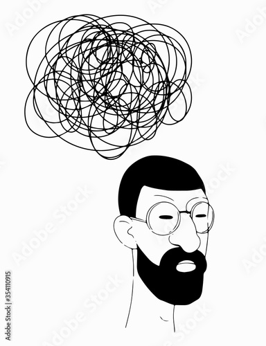 The scientist man with a beard and glasses thinking. Vector illustration