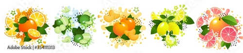 Set of citrus fruits, including orange, lime, tangerine, lemon and grapefruit. Bright vector style with splashes and stars