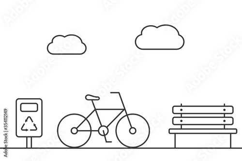 Bike in a park with bench and recycle bin. Line icons. Healthy sustainable lifestyle concept. Recreation and relaxation in the city. Black outline on white background. Vector illustration, clip art. 