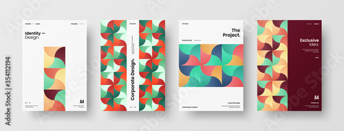 Company identity brochure template collection. Business presentation vector A4 vertical orientation front page mock up set. Corporate report cover abstract geometric illustration design layout bundle.