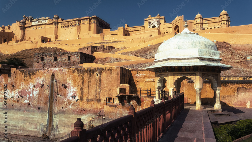 gazebo on the background of the amber Fort, Jaipur, India