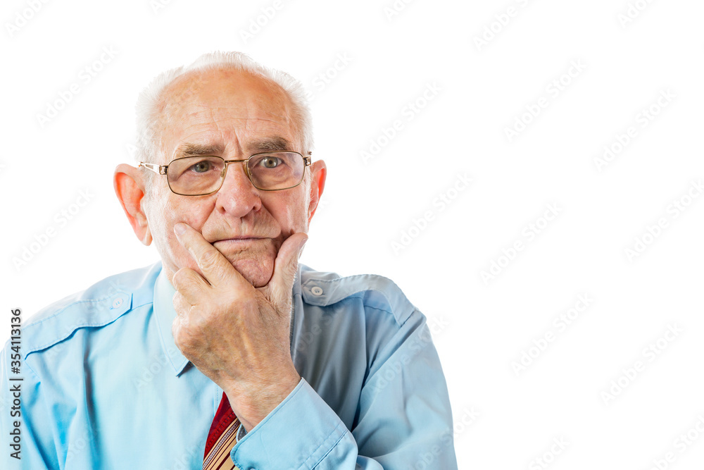 Portrait of 90 year serious handsome senior man holding his chin portrait isolated on white background. Portrait of 90 year serious handsome senior man holding his chin portrait isolated on white background.