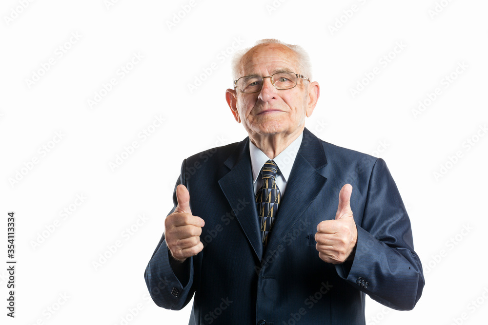 Portrait of handsome european senior old man showing thumbs up gesture isolated on white background. Portrait of handsome european senior old man showing thumbs up gesture isolated on white background.