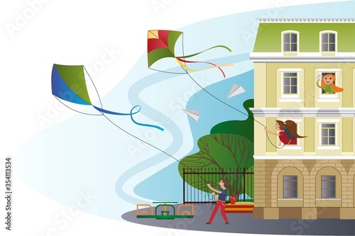 Children living in the same house play with kites and paper planes. Vector illustration of a yard of a multi-storey building.
