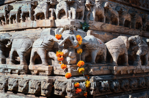 Photography carved bas-relief of a temple with elephants and a live Chipmunk and orange flow
