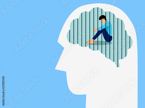 Mental health, illness ,brain development ,medical treatment  concept, sad and unhappy man sitting in human brain with cage of thought , vector illustration