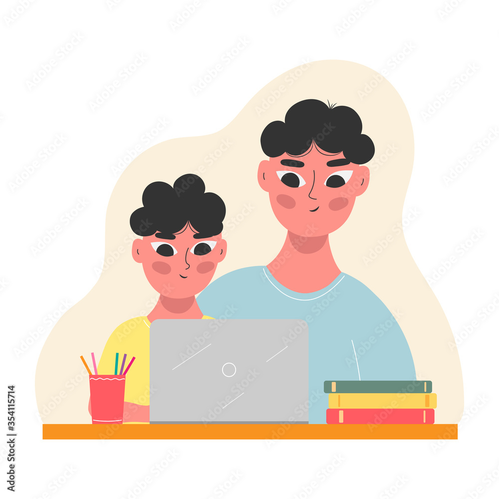 Son and father at a laptop play, study. Help with homework. Vector illustration Son and father at a laptop play, study. Help with homework. Vector illustration
