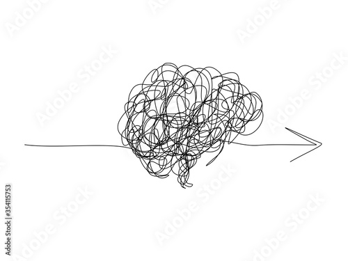 Mental health ,brain development  medical treatment concept, messy line in a shape of brain with arrows, complicated string try to go in the same direction  , vector  illustration