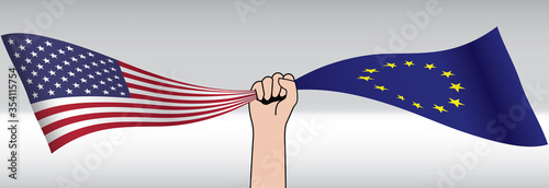 Right hand grab wavy United state of America and European Union Flag