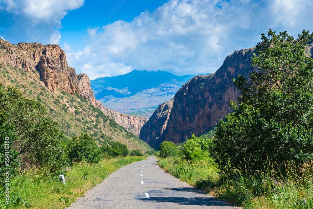 Fototapeta premium Picturesque gorge with a river, a view of the highway, the sights of Armenia near the Noravank monastery