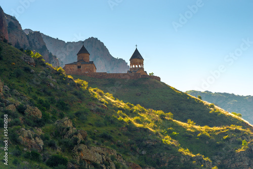 Orthodox monastery Noravank on a rock in the morning sun, a landmark of Armenia