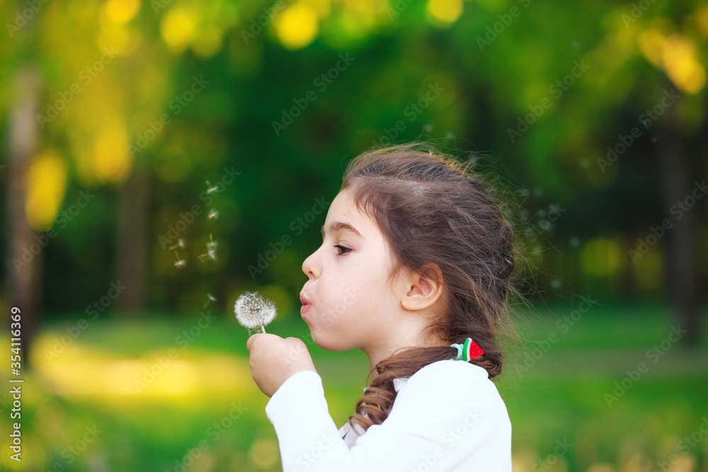 Portrait of prettyl little Girl blowing dandelion flower and smiling in summer park. Happy cute child having fun outdoors. Portrait of prettyl little Girl blowing dandelion flower and smiling in summer park. Happy cute child having fun outdoors.