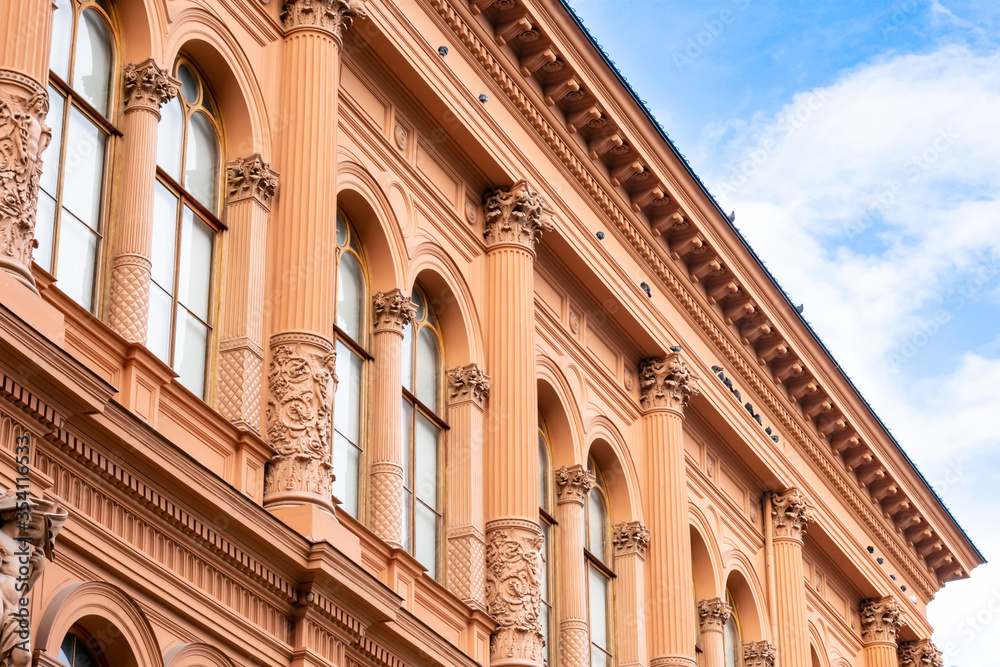 Riga, Latvia - September, 2019: The Riga Stock Exchange building in sunny day, facade of building in art nouveau style.
