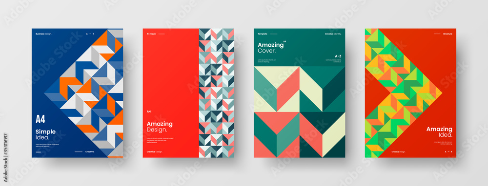 Company identity brochure template collection. Business presentation vector A4 vertical orientation front page mock up set. Corporate report cover abstract geometric illustration design layout bundle.